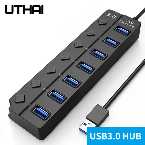 UTHAI concentrador de transmisión de alta velocidad USB 3,0 de 7 puertos, concentrador divisor de uno a siete, extensor de alta velocidad para ordenador portátil de cuatro puertos