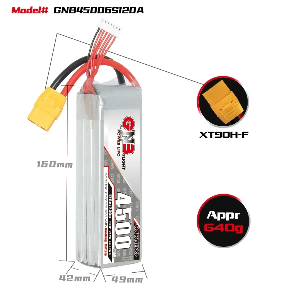 Bateria GAONENG-GNB LiPo, 4500mAh, 3S, 4S, 6S, 120C, XT90, carro RC, 300mm a 360mm, 7 polegadas, FPV Drone FMS, 70mm, jatos EDF