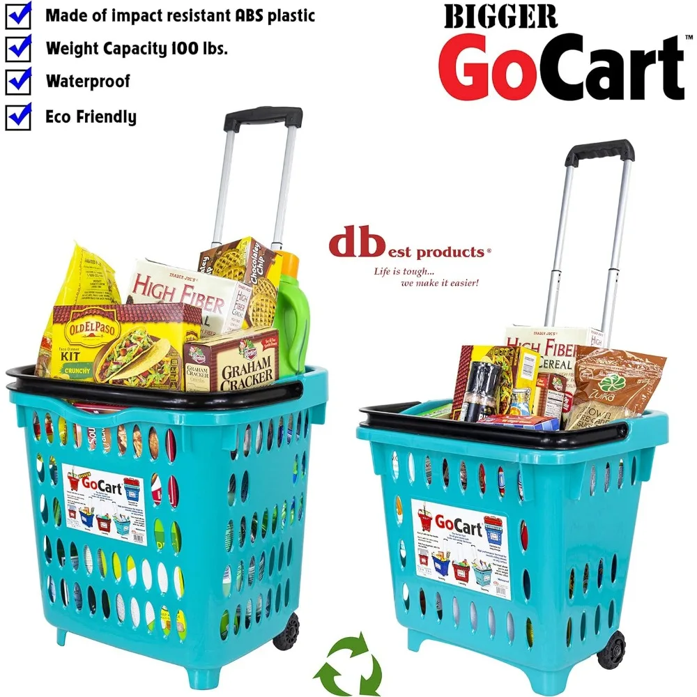 GoCart carrito de comestibles más grande, cesta de lavandería de compras rodante con ruedas, cesto con asa telescópica, carrito de limpieza, verde azulado