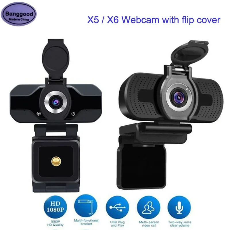 1pcs X5/X6 Full HD 1080P Webcam Computer PC Wide Angle WebCamera with Privacy Cover Build-in Microphone Video Calling Web Camera