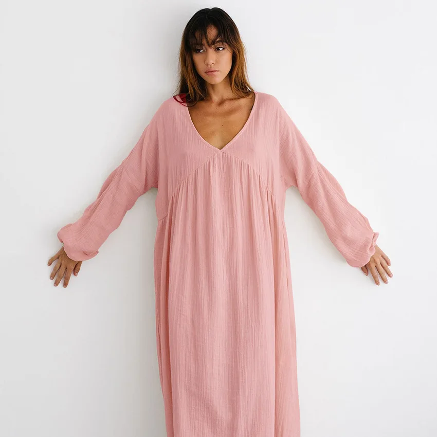 Cotton Solid Women\'s Home Pajamas Set 2023 New Loose V-Neck Long-Sleeve Nightdress Soft Breathable Simple Lady Nightgowns Autumn