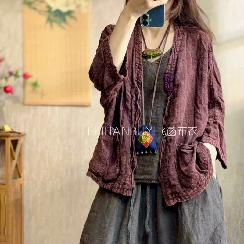 Printemps automne nouveau Style artistique femmes laçage conception point ouvert manteaux courts Vintage coton lin décontracté vestes amples de haute qualité