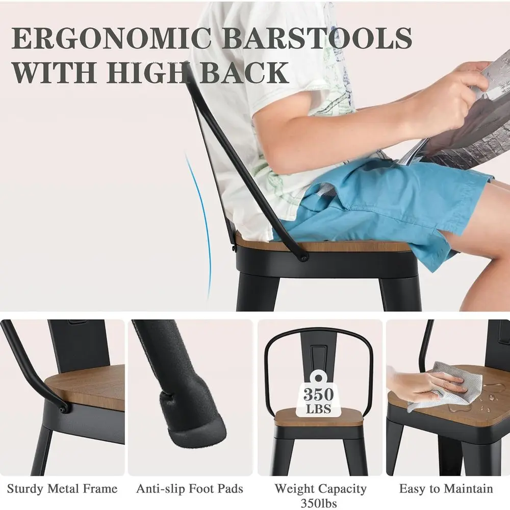 24 Inch Bar Stools Set o 4, Industrial Counter Height Barstools High Back Metal Bar Stools with Large Wood Seat Bar Chairs or Ki - view 3