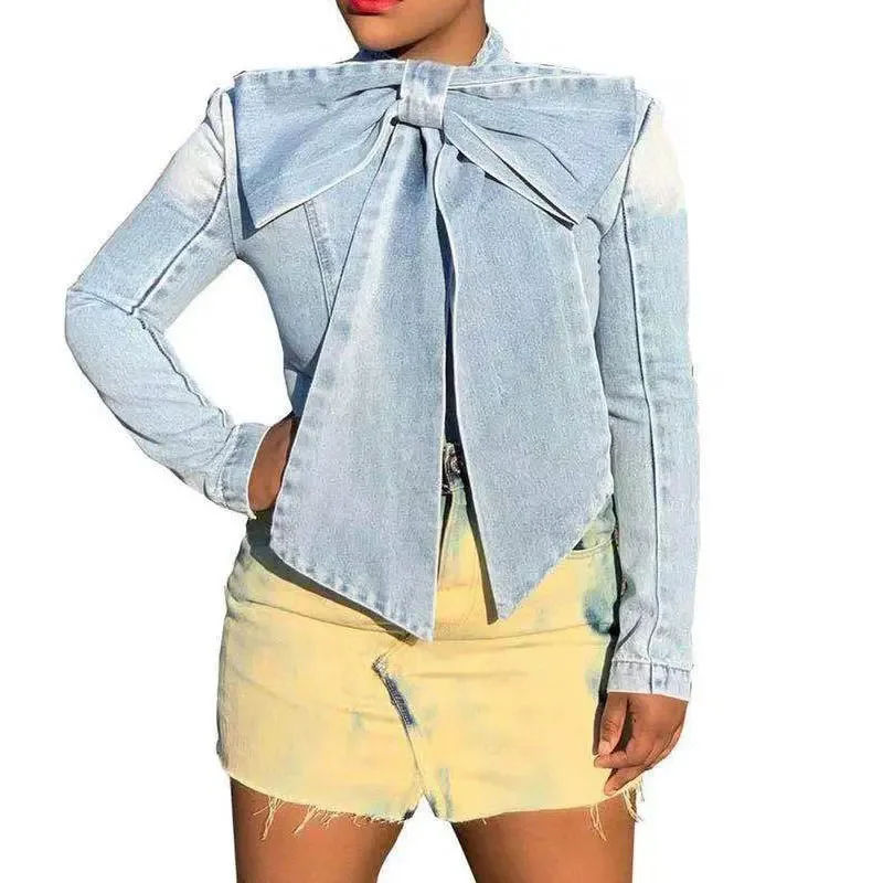 Plus Size Women Fashion Bow Tie Single Breasted Denim T Shrits Female Casual Buttons Long Sleeve Tops 2023 Vintage Jeans Tees