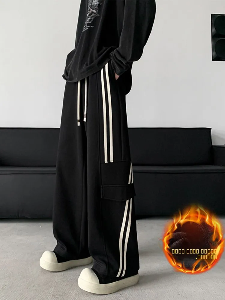 

Мужские утепленные спортивные брюки прямого кроя в пол с флисовой подкладкой, модные брендовые подростковые брюки с полосатыми вставками