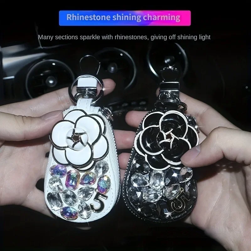 

Car Key Case Camellia Inlaid Artificial Diamond Car Key Case Rhinestone Universal Key Protection Cover