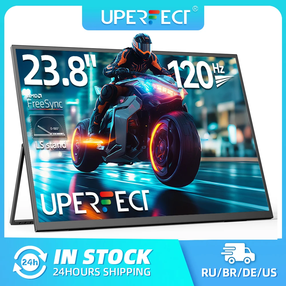 شاشة كمبيوتر محمولة UPERFECT مقاس 23.8 بوصة، 120 هرتز، دقة 1080 بكسل، HDR، FreeSync، قابلة للتركيب على الألعاب مع حامل قابل للتعديل بزاوية 180 درجة، شاشة كمبيوتر محمول USB-C HDMI لأجهزة PS5/4، سطح المكتب، MacBook Switc