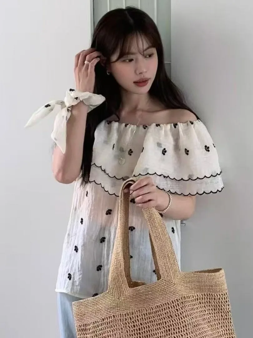 

Floral One-oulder Women's irt Summer Pure Desire oulder Exposure Chiffon Korean Sle Gentle Sweet Anti-Aging Trendy Bl...