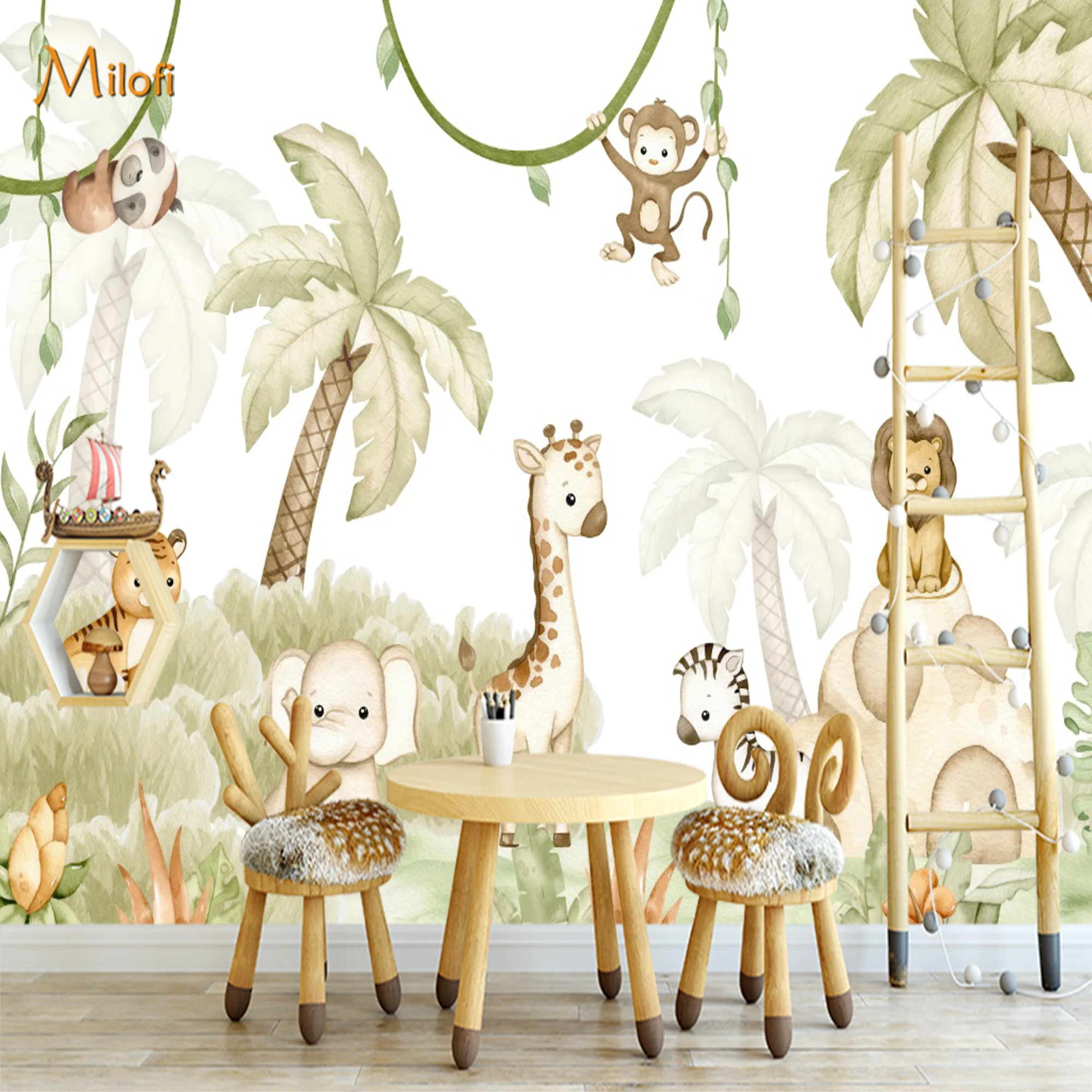 Custom Watercolor Safari Anima - Baby Nursery Jungle Wallpaper ulasan dan harga