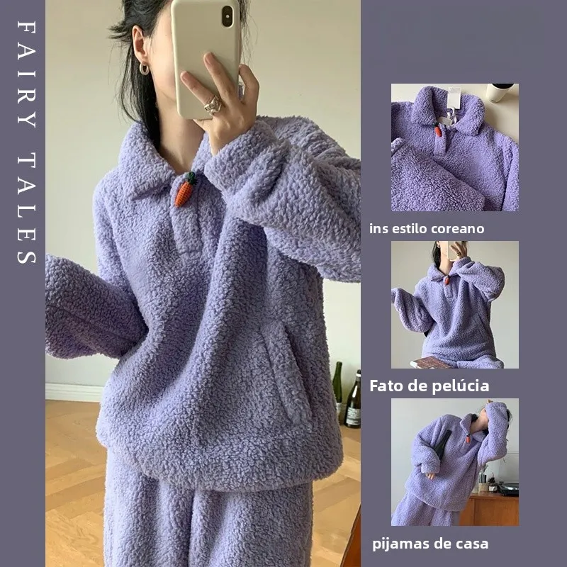 プラスサイズ-コーラルフリース-パジャマ-レディース-厚手-プラッシュ-ホームウェア-セット-シンプルスタイル-長袖-クルーネック-パジャマセット