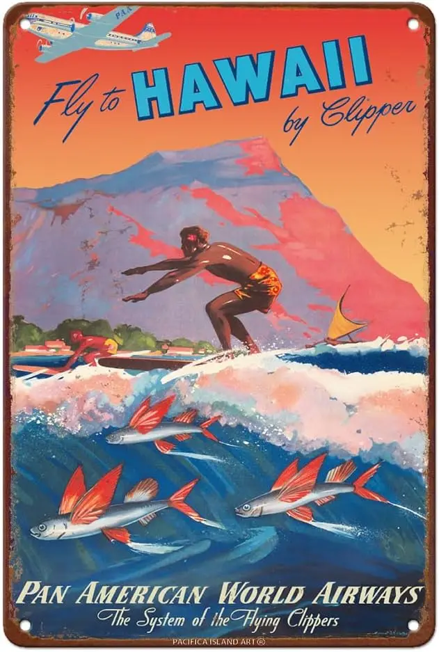 Fly To Hawaii by Clipper - Pan American World Airways Surfer Diamond Head Crater Vintage Airline Travel Poster Mark Von A