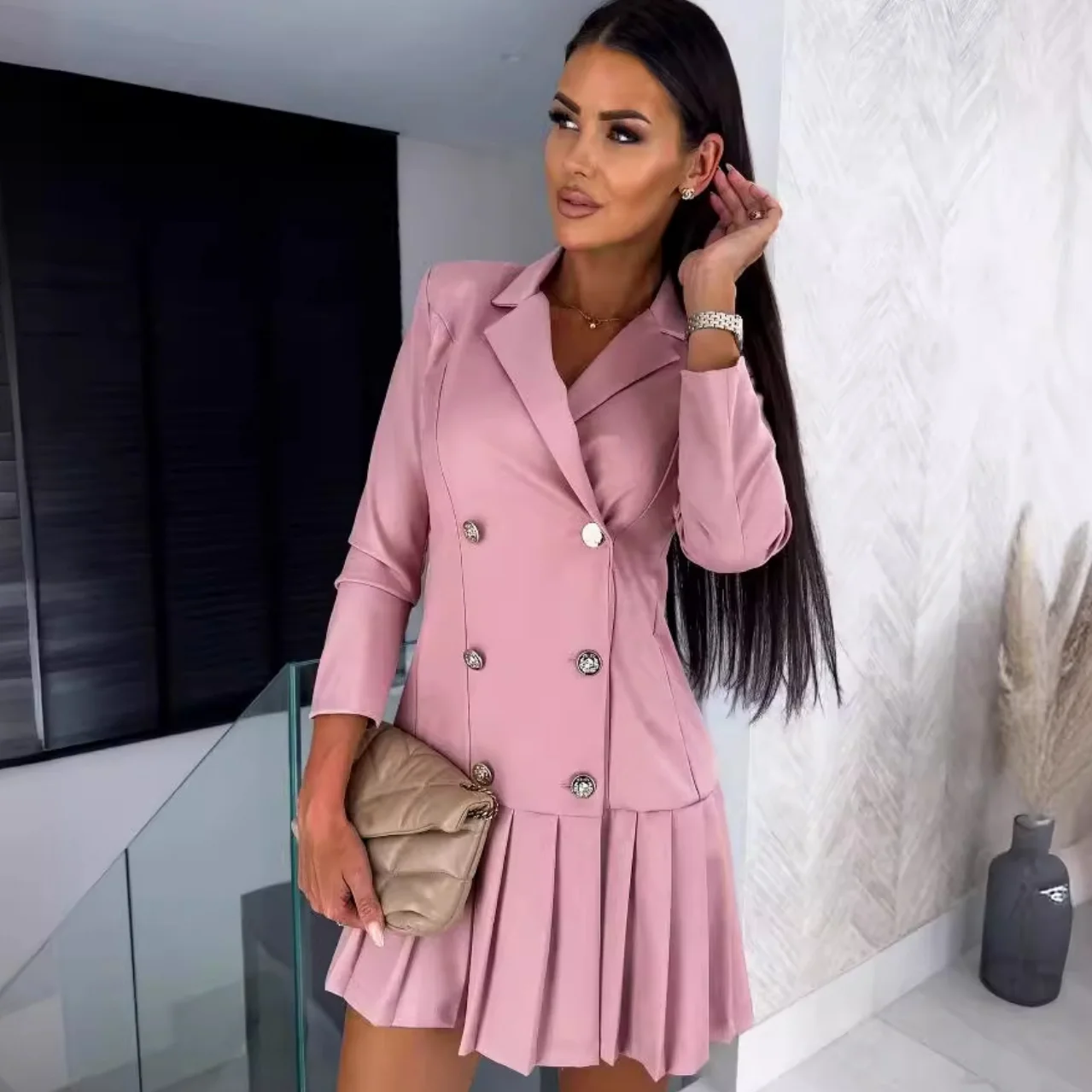 Women Fall Fashion Pleated Blazer Dress Double Breasted Long Sleeve Lapel office lady  workwear Mini Suit short Dresses vestido