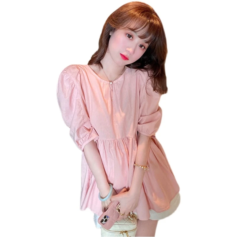 2024 Summer Maternity Pink Shirts Puff Sleeve O-neck Bowknot Hollow Out Backside Pregnant Woman Blouses Sweet Pregnancy Top Tees