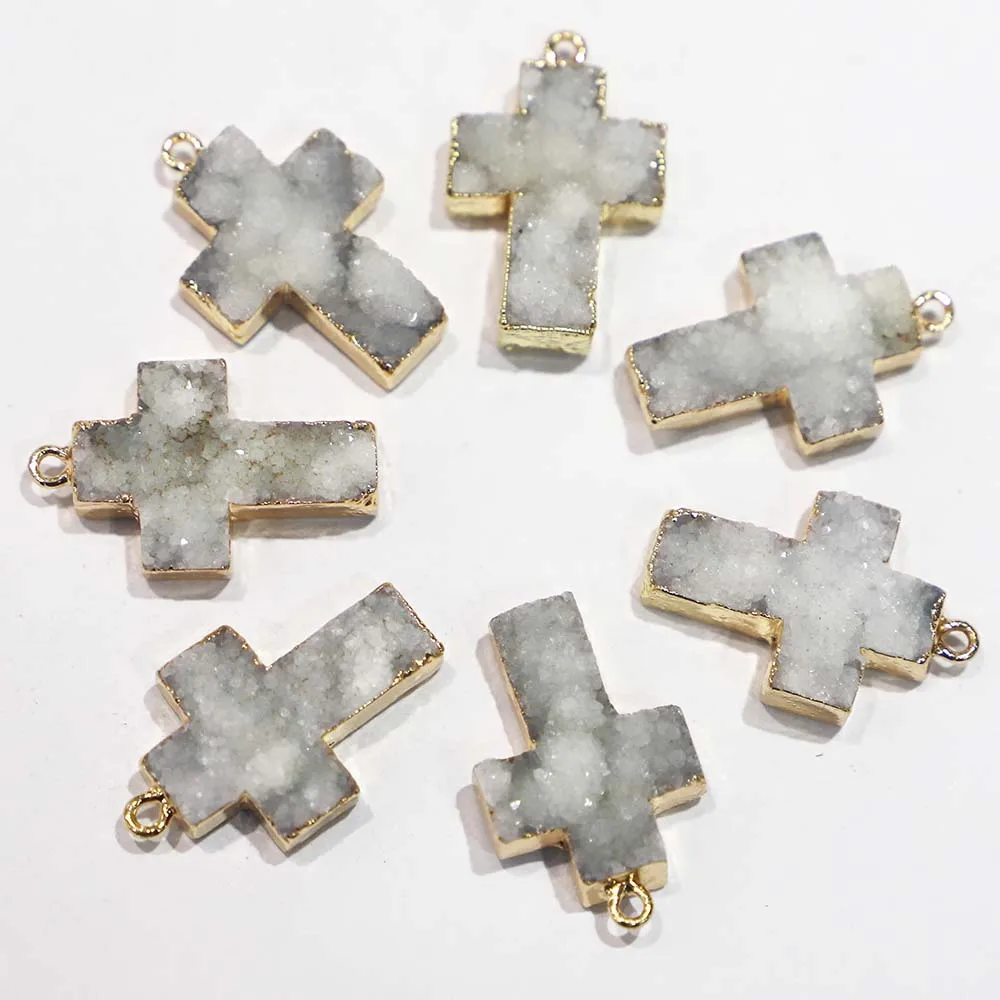 4pcs/lot New Selling Natural Stone White Agate Druzy Cross Pendant Men Women Unisex Charms DIY Fashion Jewelry Necklace Making