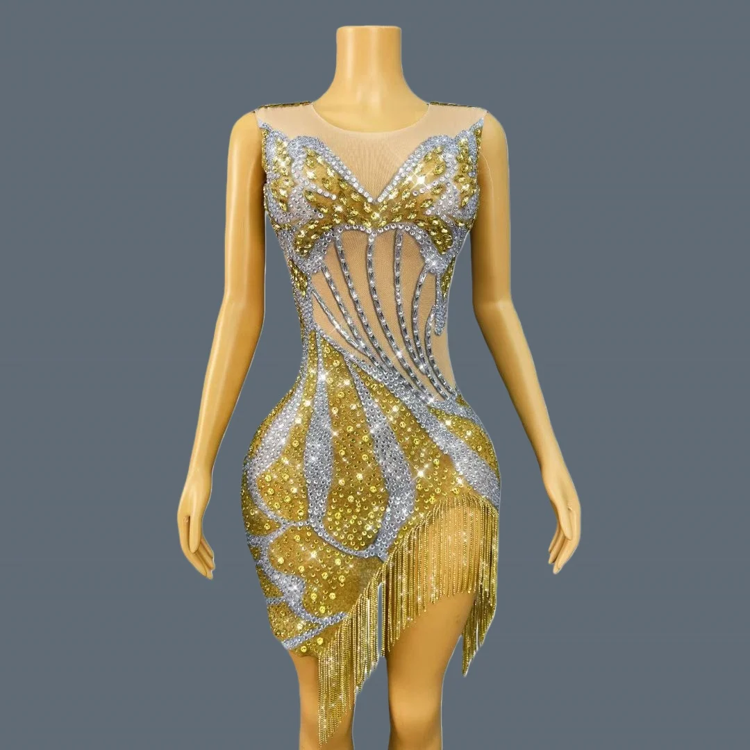 

Sparkly Crystals Golden Chains Cocktail Dress Sexy Women Luxury Evening Dress Sheer Mesh Dance Show Short Dresses Huangjindie
