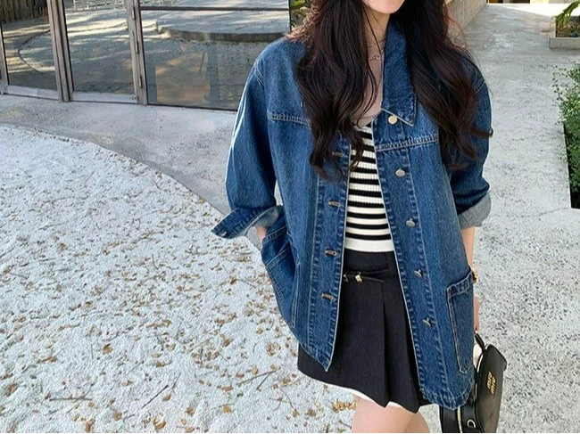 

Dark Blue Retro Simple Casual Loose Lapel Denim Jacket Women's Spring and Autumn Versatile Outer Top Jacket