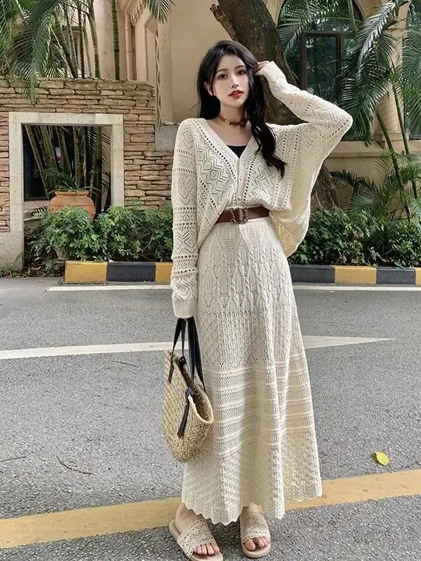

Женский комплект из 2 предметов с юбкой, бежевый вязаный крючком ажурный вязаный кардиган, тонкая юбка трапециевидной формы с высокой талией, модные женские осенние наряды
