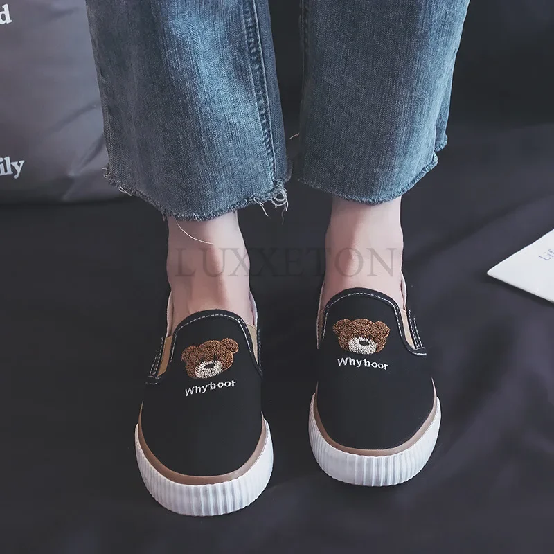 Flat Bottomed Little Bear Low Cut Canvas Shoes for Women Fashion Trend Comfortable and Non Slip Versatile Casual Board Shoes