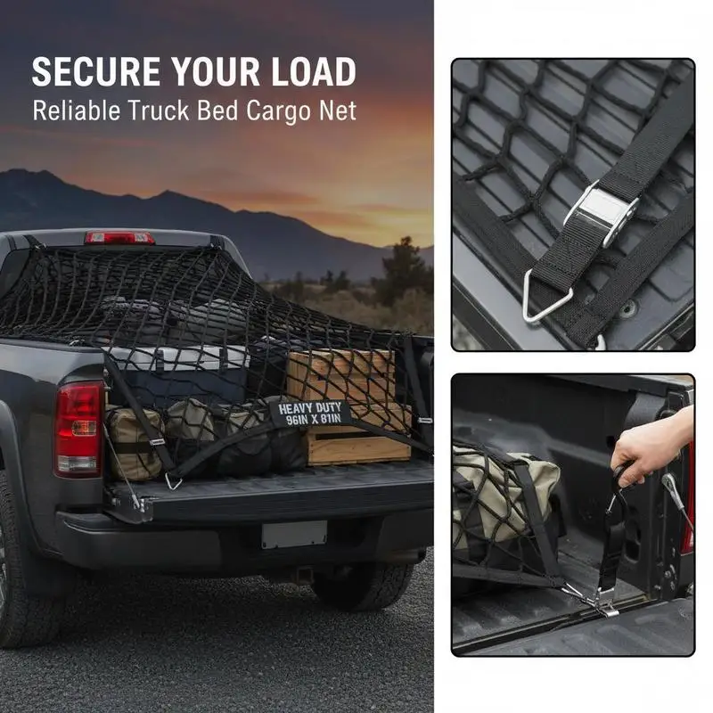 Truck Bed Webbing 96" x 81" For Pickup SUV Boat, Heavy Duty Load Restraint Adjustable Straps Carabiners S-Hooks Wear-resistant Weather-proof Cargo Organizer Mesh Net - view 3