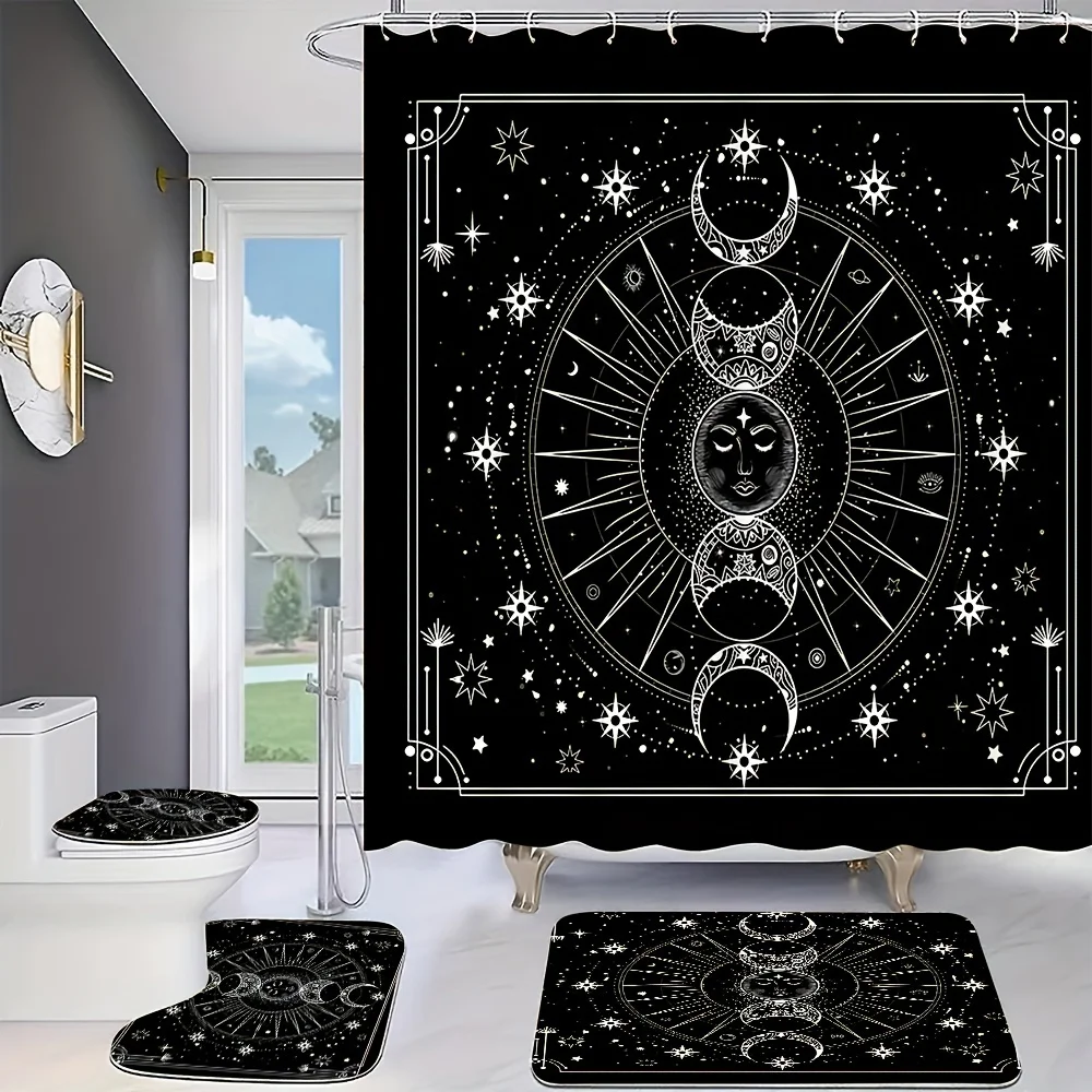 Astrology Themed Shower Curtain Set with Non-Slip Rugs, Toilet Lid Cover, Bath Mat, 12 Hooks - Machine Washable Water-Resistant