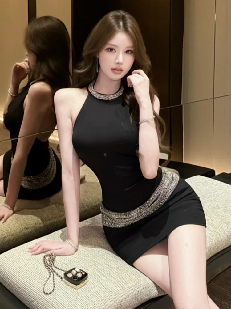 Heavy Diamond Embellished Slim Fit Sexy High Waist Strapless Dress French Style City Commute Urban Fashion H-Shape Skirt