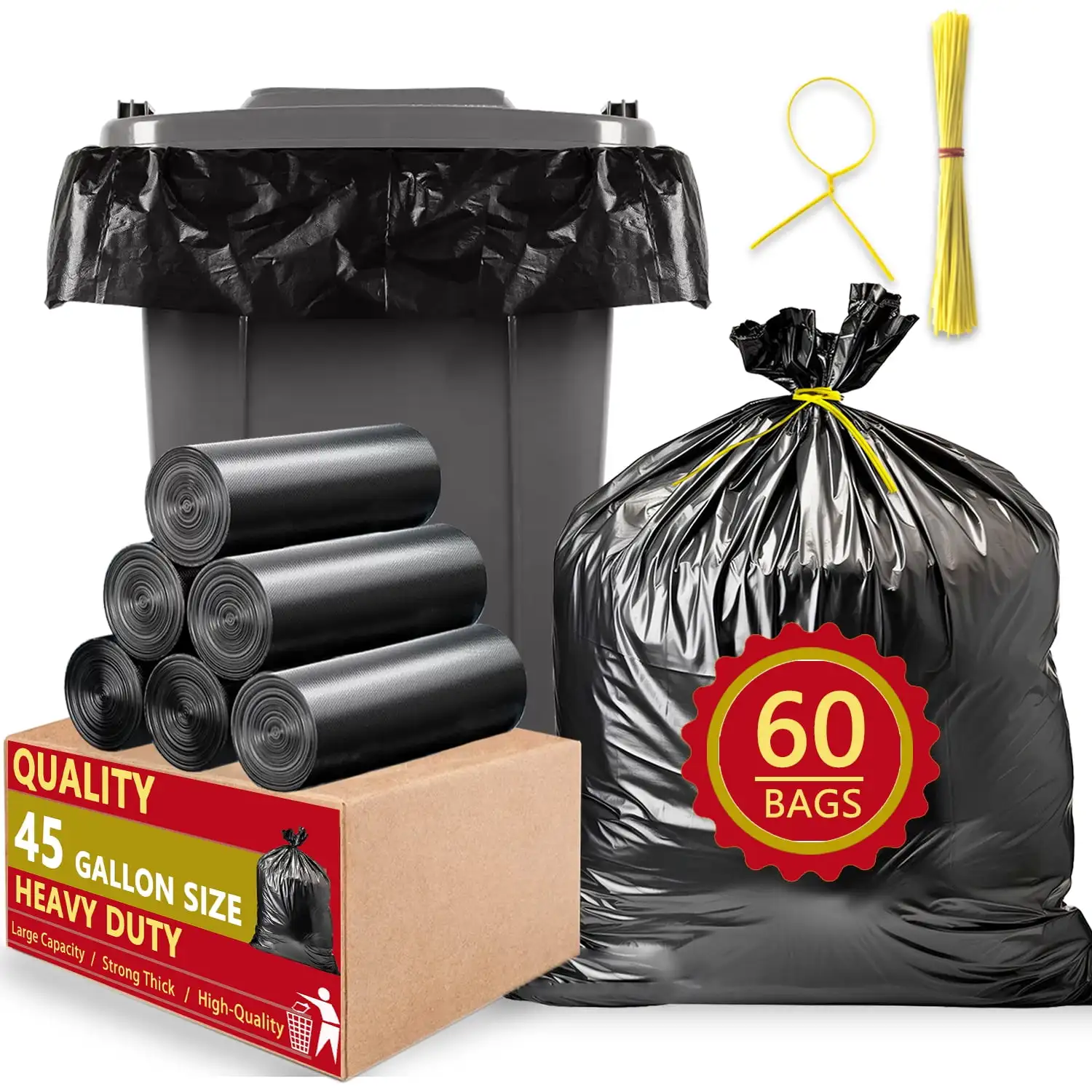 

40-45 Gallon Trash Bags Size 60 Count 2 Mil Contractors Garbage Bags Large Garbage Bags Black Heavy Duty Garbage