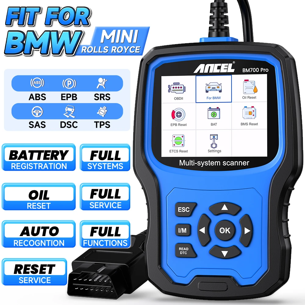 ANCEL BM700 Pro جميع الماسح الضوئي Obd2 مناسب لسيارات BMW EPB SAS وسادة هوائية ABS زيت CAS إعادة تعيين قارئ الرمز Auto Vin Obd 2 التشخيص أيضًا