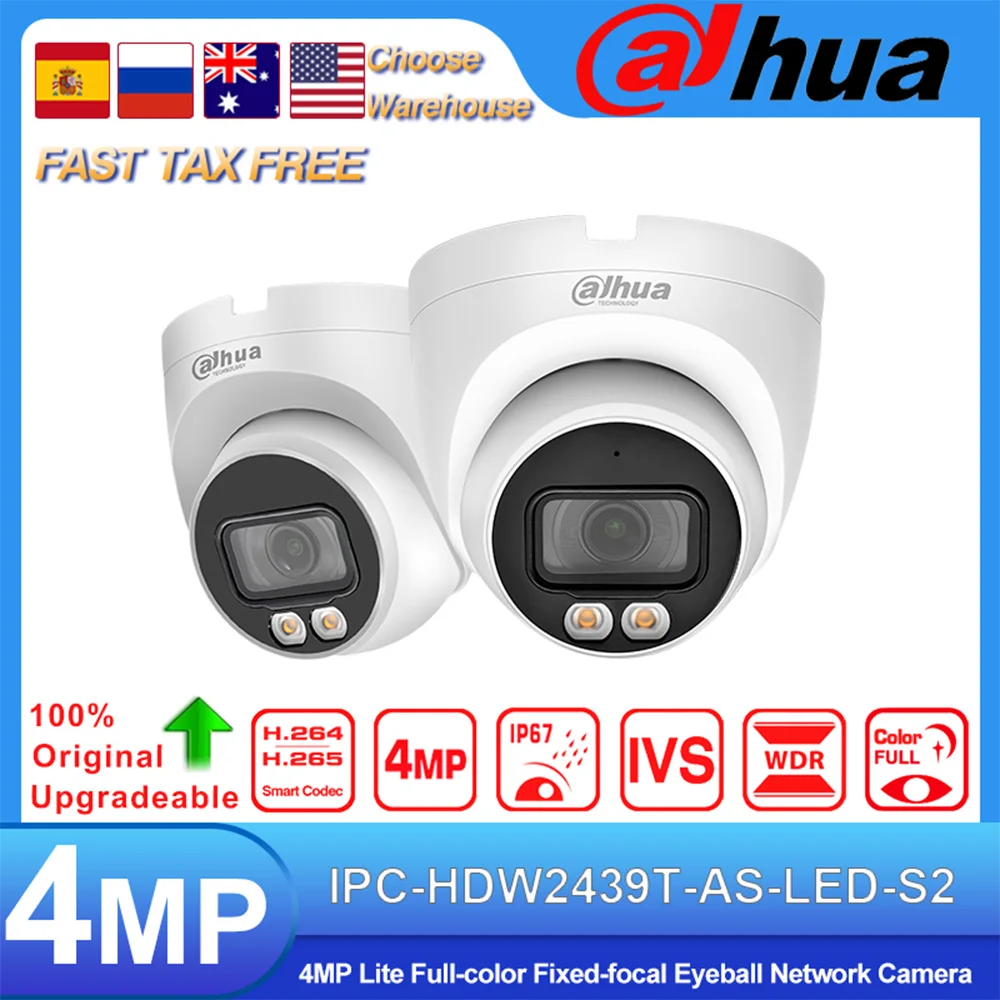 

Dahua Original IPC-HDW2439T-AS-LED-S2 4MP POE Lite Full-color Fixed-focal Eyeball Network Camera IVS Built in MIC SD Slot IP67