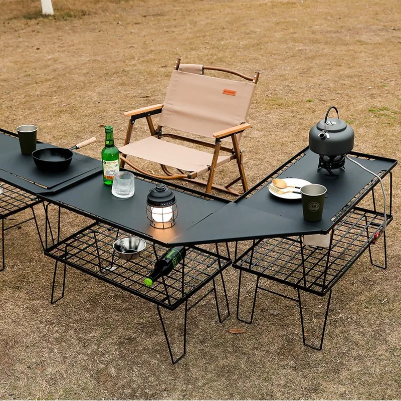 Foldable Outdoor Grid Table Table Board BBQ Table IGT Iron Mesh Table Camping Tabletop Board Combination Picnic Tea Table