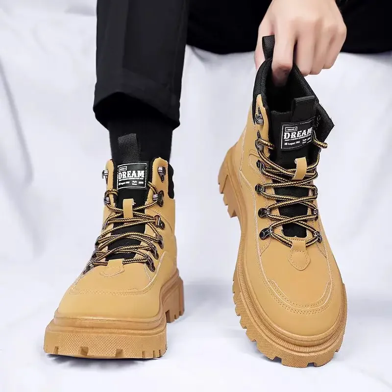 Sapato de caminhada antiderrapante de sola grossa masculina, Botas pretas com renda, Aumento de altura, Resistente ao desgaste, Conforto, Britânico, Inverno, 2022