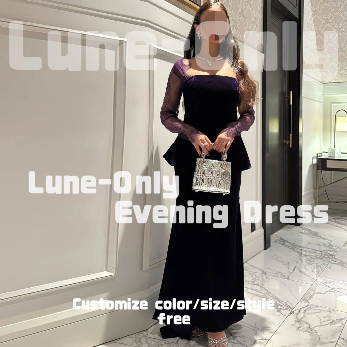 カスタマイズされたレース長袖パープルベルベットイブニングドレスフォーマルな機会のためのシンプルな甘いウエディングドレスパーティードレス