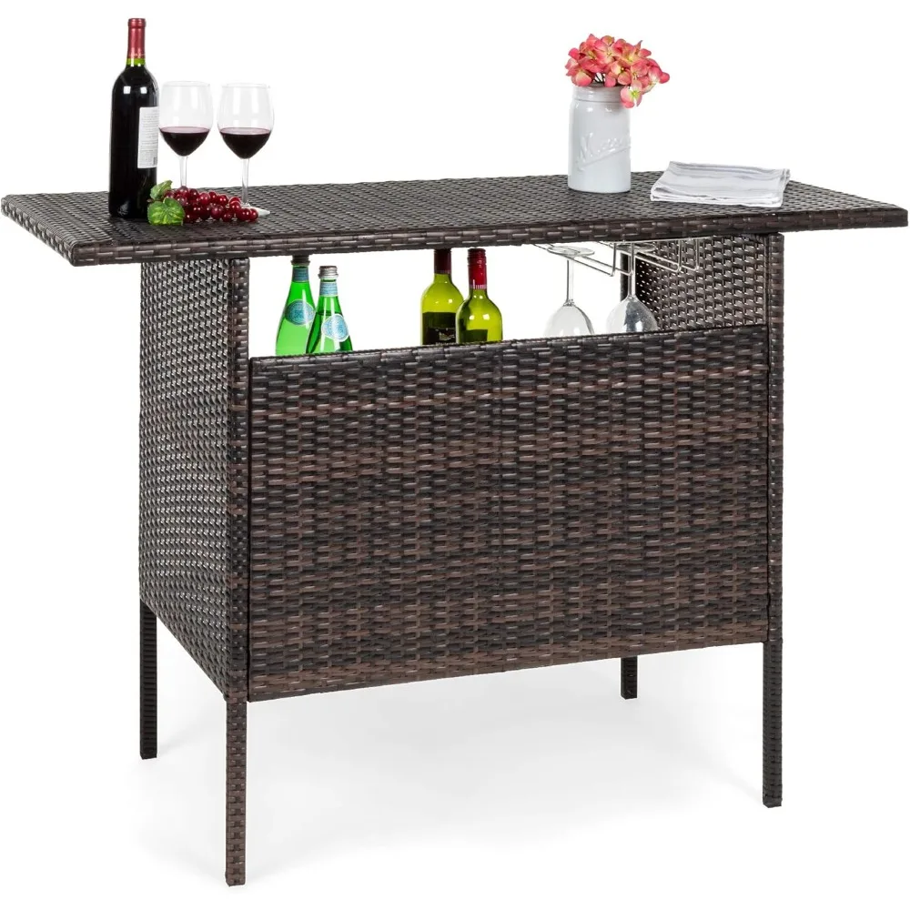 Outdoor Patio Wicker Bar Counter Table Backyard Furniture w/ 2 Steel Shelves and 2 Sets of Rails - patio furniture set