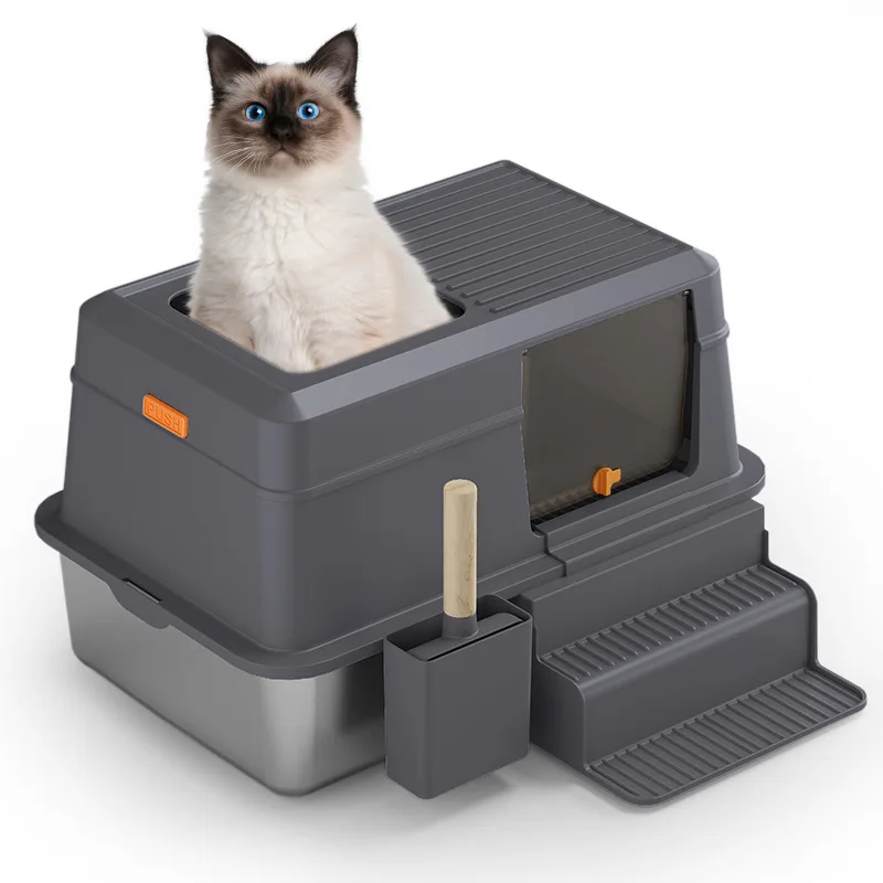 

Large Stainless Steel Cat Litter Box with Detachable Tray Odor Control Easy Clean Cat Toilet Includes Shovel to Send Litter