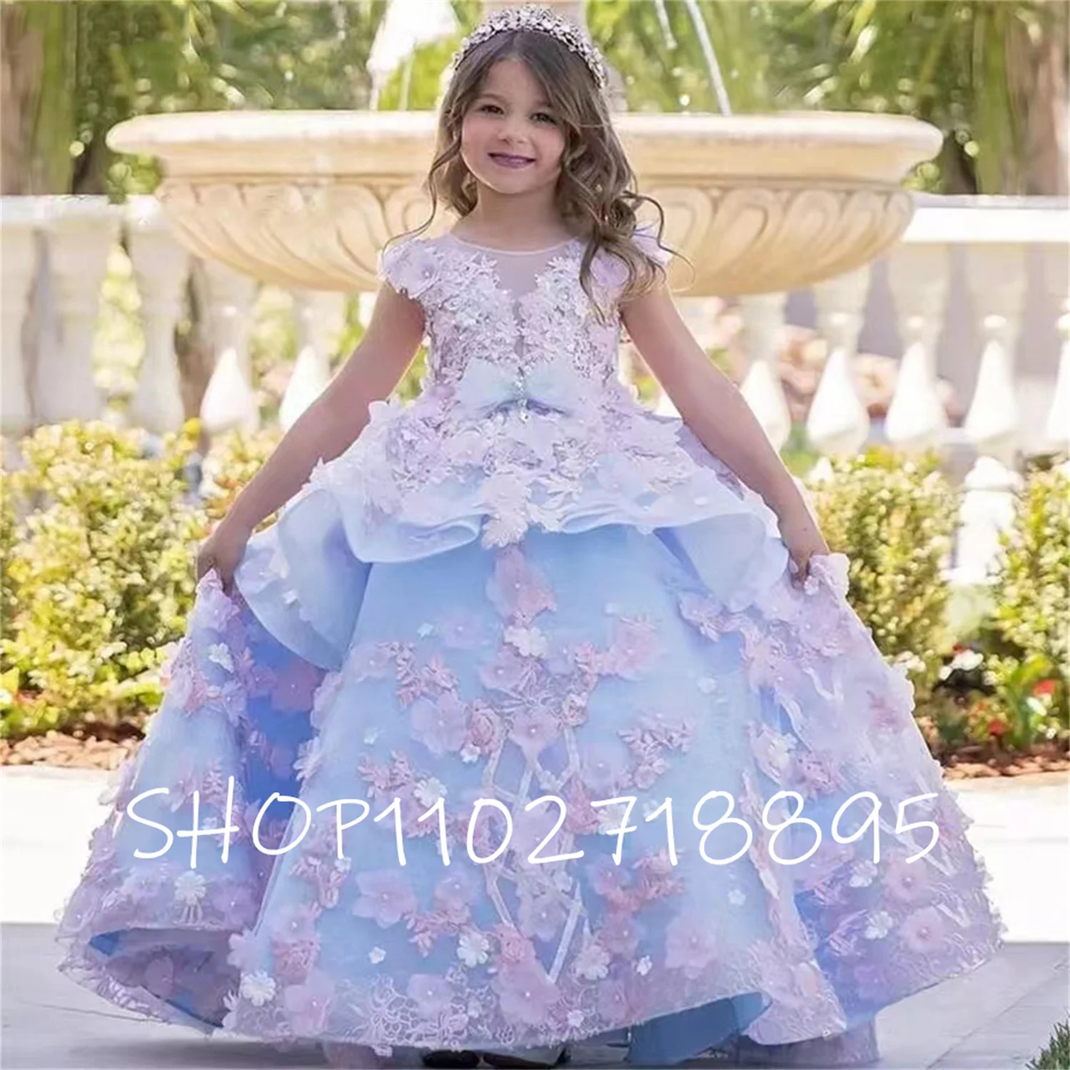 

Blue Flower Girl Dresses Short Sleeves Party Dress Tulle Appliques Beading Kids Birthday Princess Dresses Vestidos De Novia