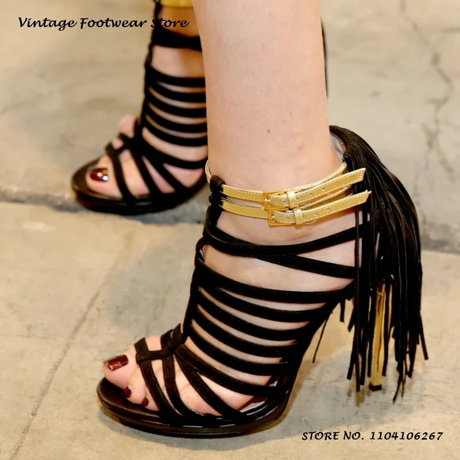 

Suede Tassels Embellished Strappy Sandals Patchwork Round Open Toe Thin Heels Party Shoes Women's Summer Buckle Strap High Heels