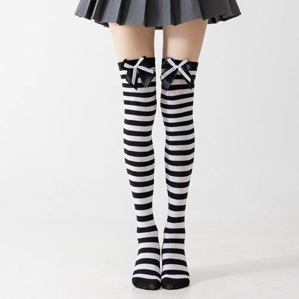 Colorful Over Knee Socks Sweet Bow Accent Christmas Striped Stockings Breathable Preppy style Thigh High Stockings Christmas