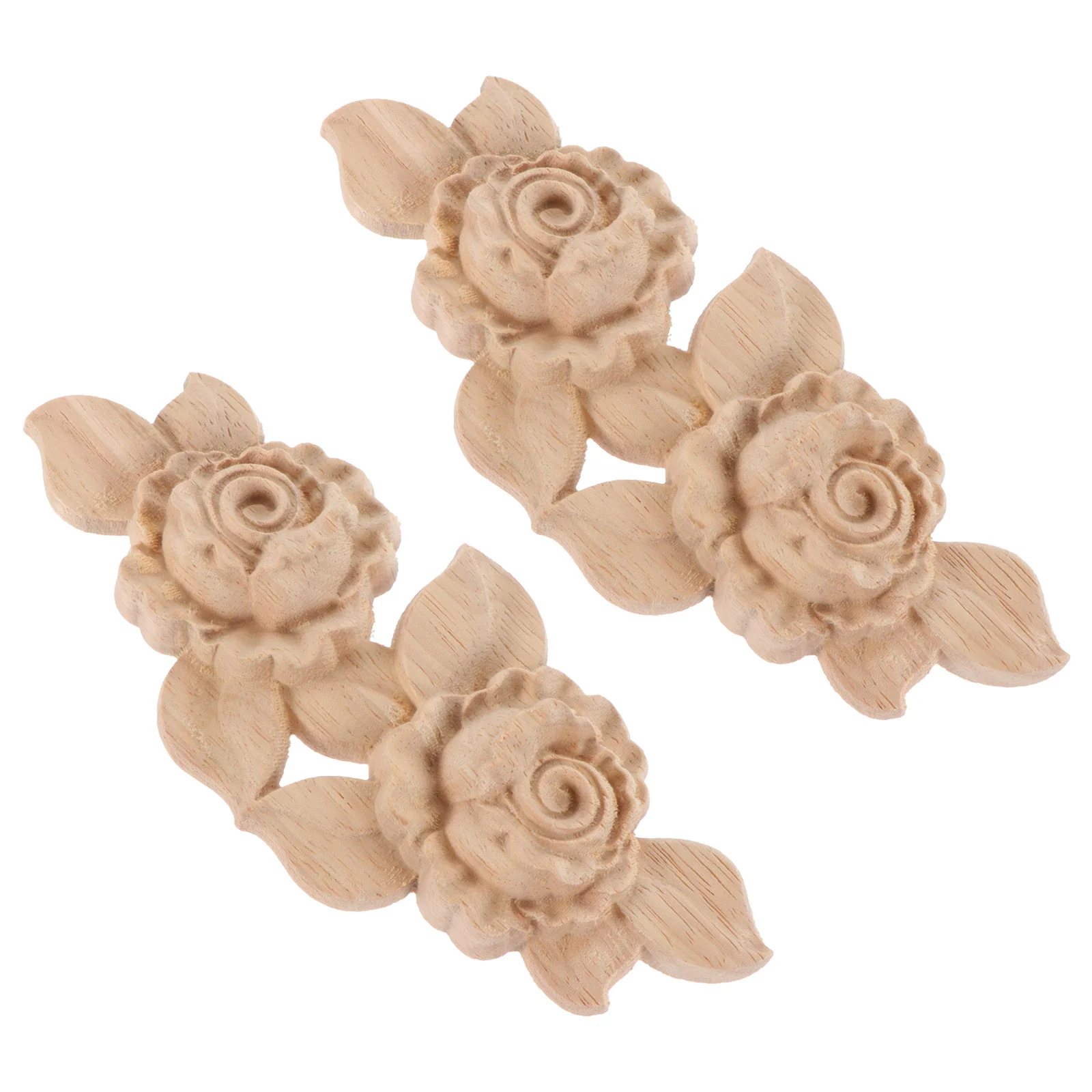 2 Pcs Solid Wood Rose Petals Appliques Home Decor Wooden Unpainted Onlay Furniture Decal Carved Decorative Carving