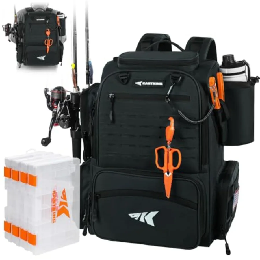

KastKing Bait Boss Fishing Tackle Backpack with Rod Holders 4 Tackle Boxes Rain Cover 45 43L Large Storage for Fishing Gear