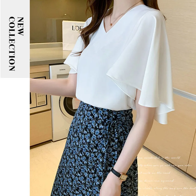 Fashion V-Neck Solid Color Butterfly Sleeve Blouse Female Clothing 2024 Summer New Loose Casual Tops Office Lady Shirt