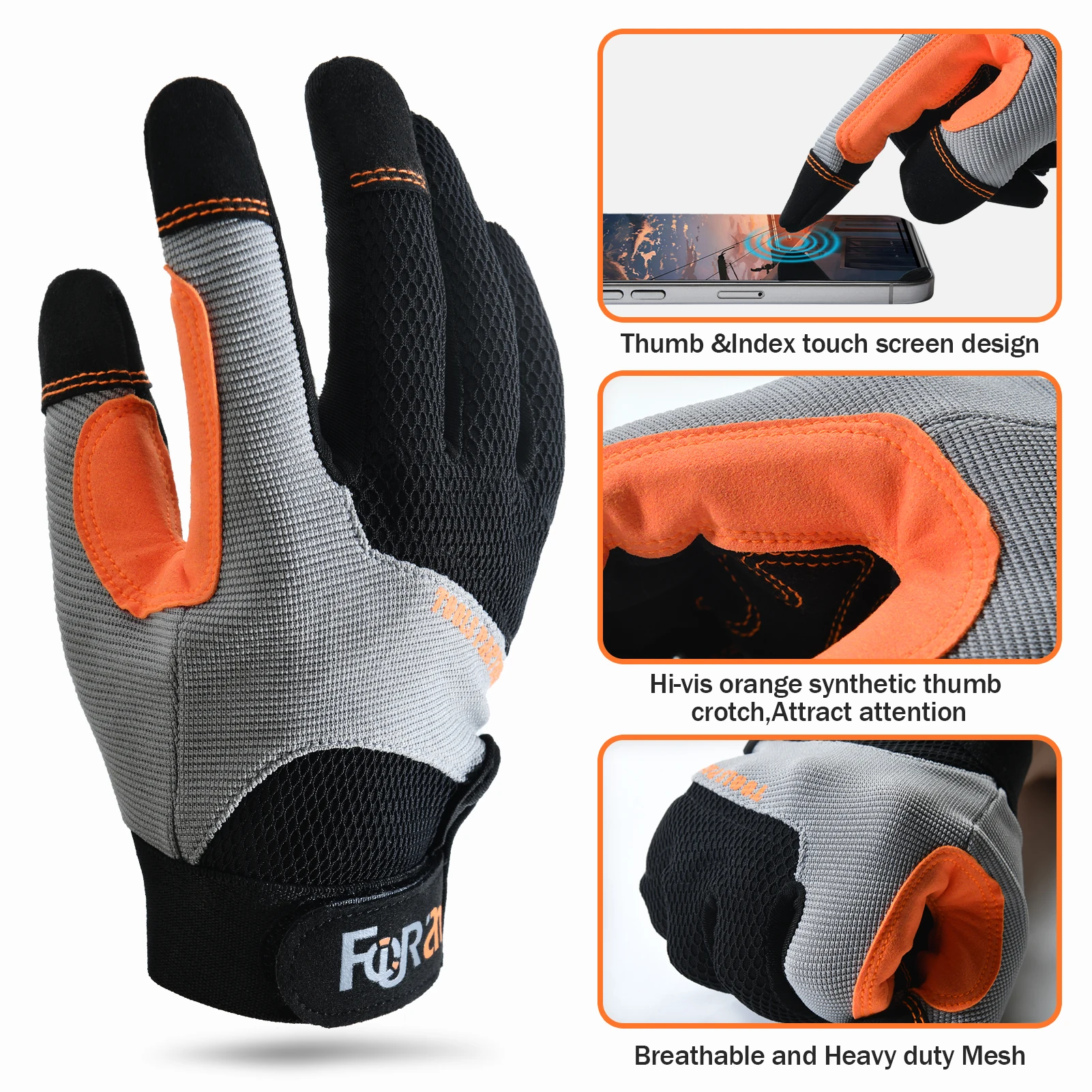 1Pair work gloves Touchscreen Utility  for Men women Ultra-Soft Lightweight  comfortable Multipurpose- Orange Polyester