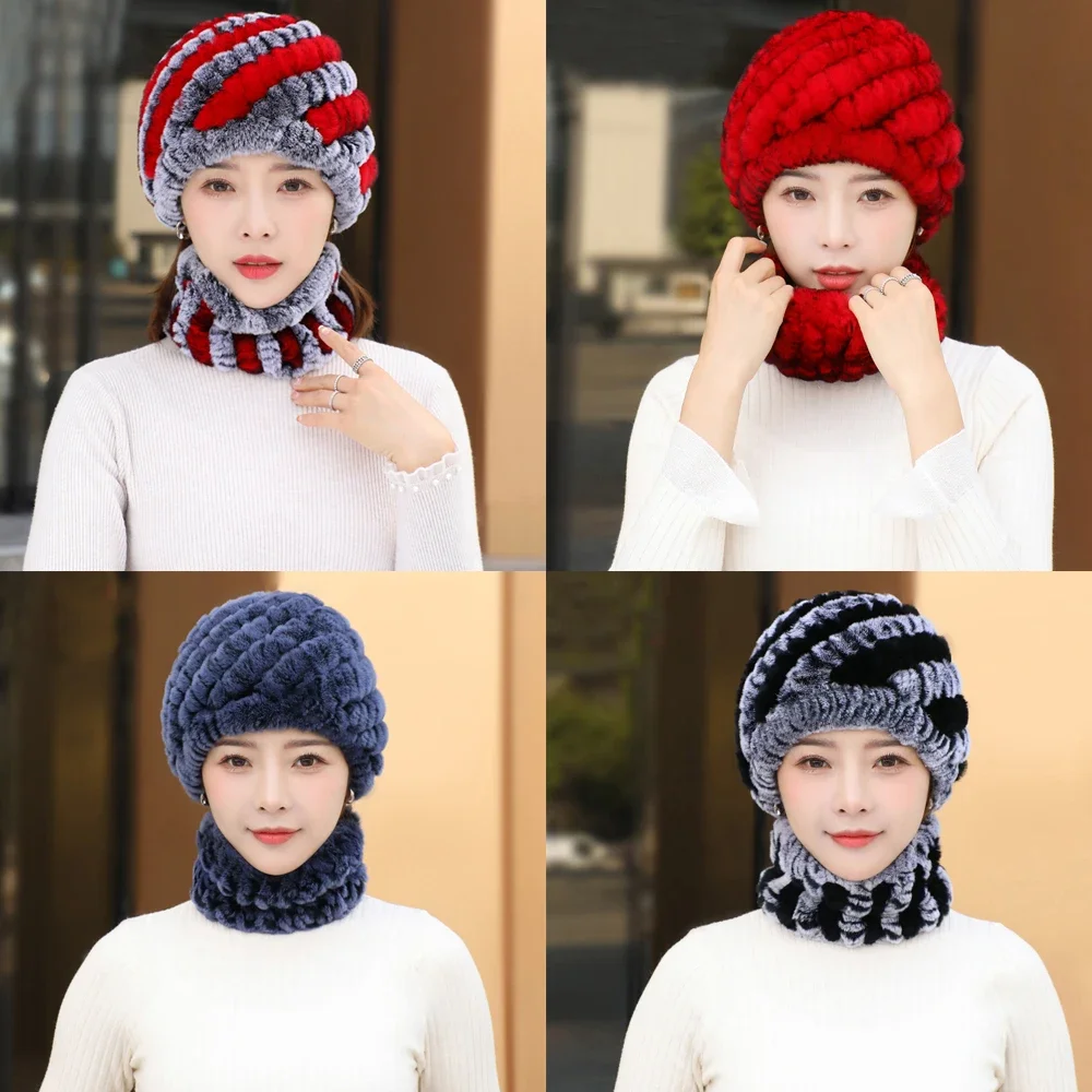 Women Real Rex Rabbit Fur Hat Scarf Winter Warm Beanie Cap Neckerchief Sets Red Blue