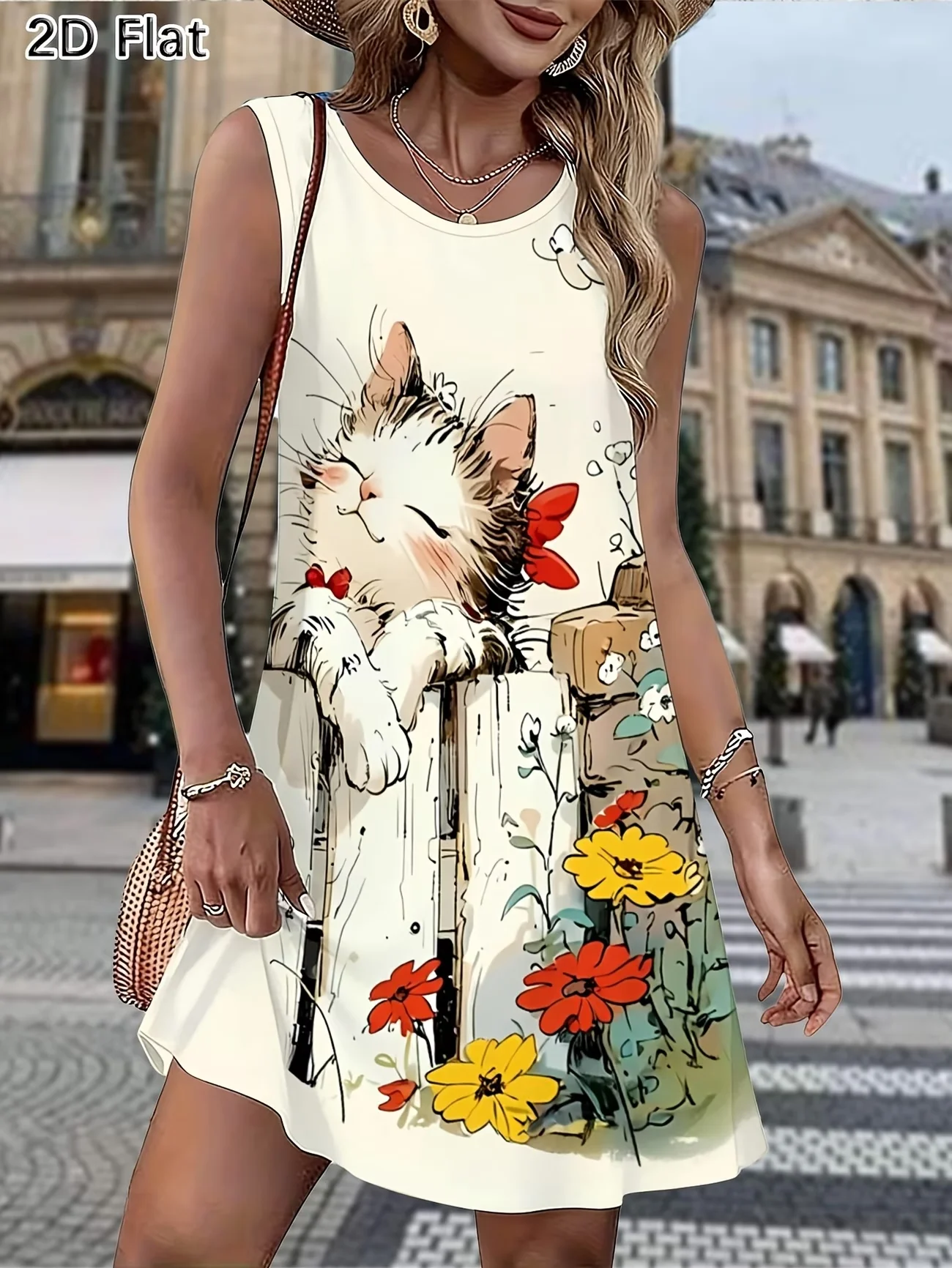 

Summer Women Loose Dress Sexy Sleeveless O-neck Print Beach A-Line Dress