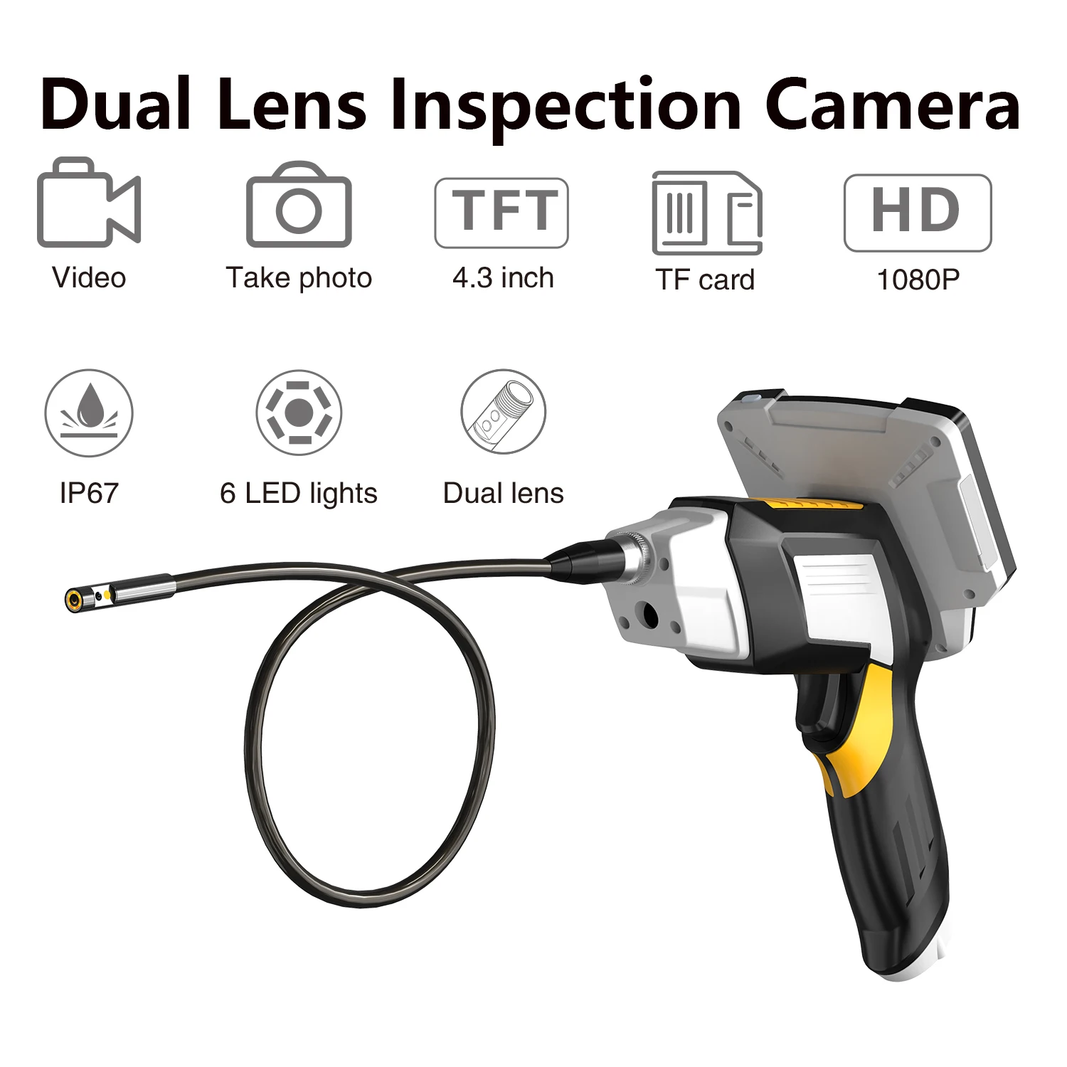 4.3 Inch 2MP 1080P Dual Lens  Handheld Endoscope Inspection CMOS Borescope Pipescope Water-proof Digital Microscope Camera