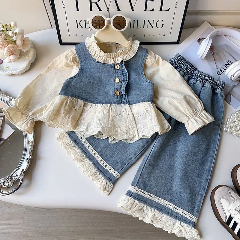 

2025 New Spring 2-7Yrs Kids Clothes Suit Sleeveless Denim Lace Splicing Vest+Pants Baby Girls Denim Clothing Set