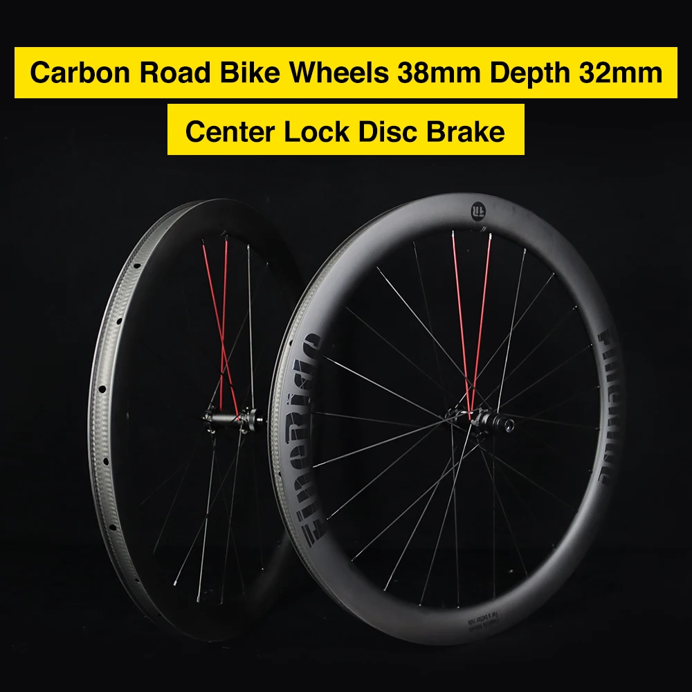 FineRide Carbon Road Bike Wheelset 700C Red Spokes Center Lock 36T Ratchet System Steel Bearing Tubeless Ready Wheels