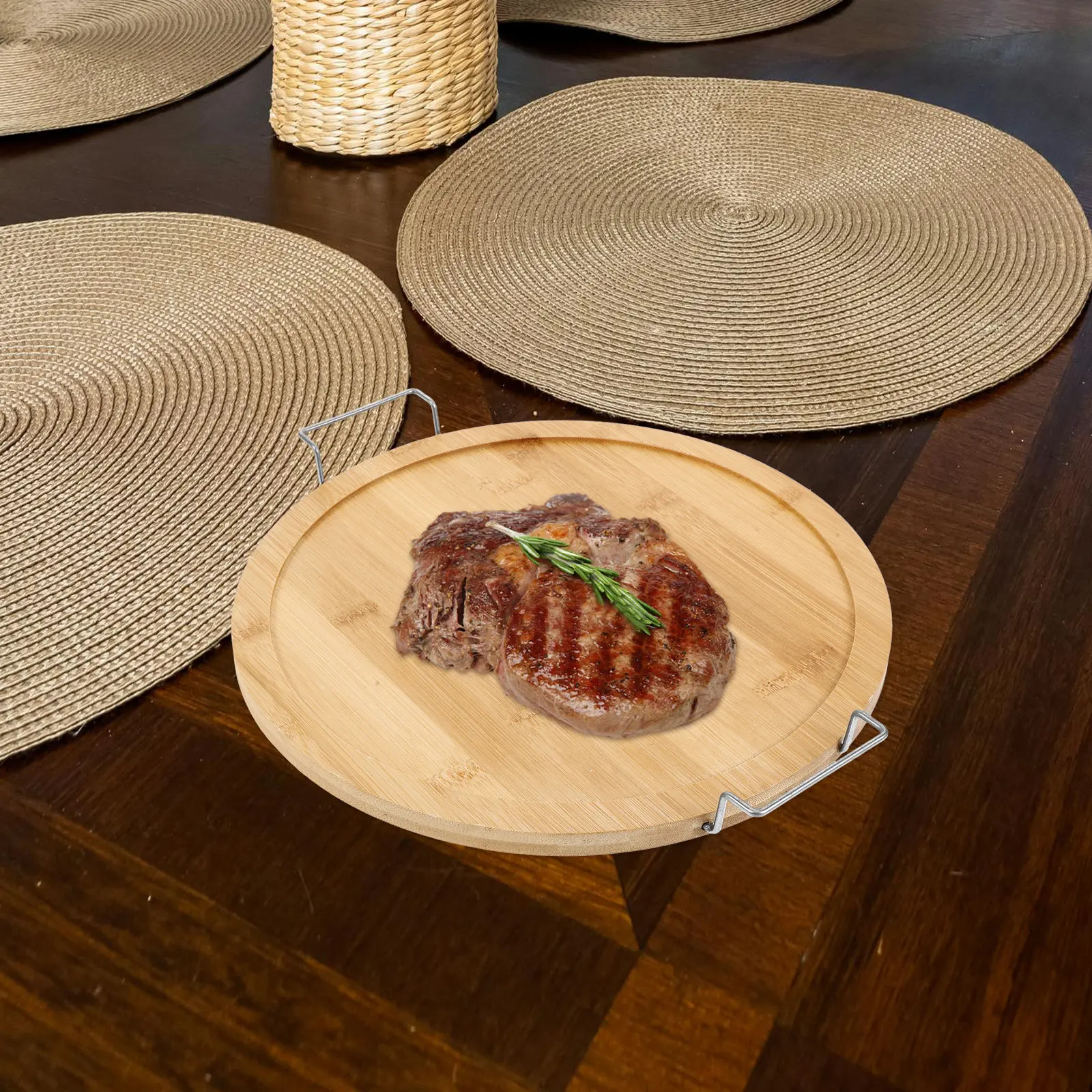 

Бамбуковое круглое сервировочное блюдо с двумя ручками, гладкой поверхностью для подачи блюд, для дома и ресторанов