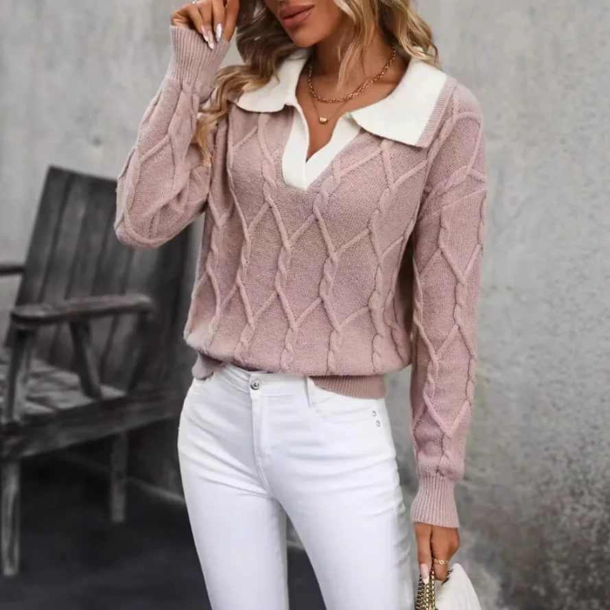

2025 Autumn and Winter New Women's Clothing Style Elegant Lapel Long Sleeved Contrasting Knitted Sweater