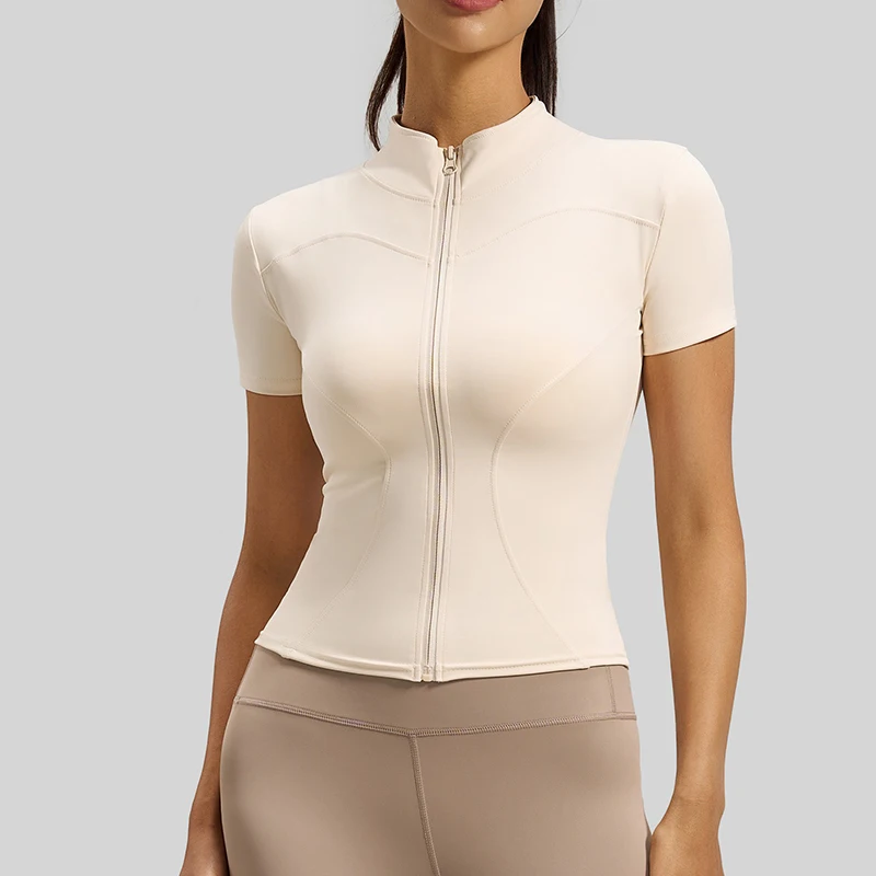Women Naked Feeling Stand Collar Yoga Outerwear High Elastic Tummy Control Yoga Short Sleeve Workout Running Sports Jacket