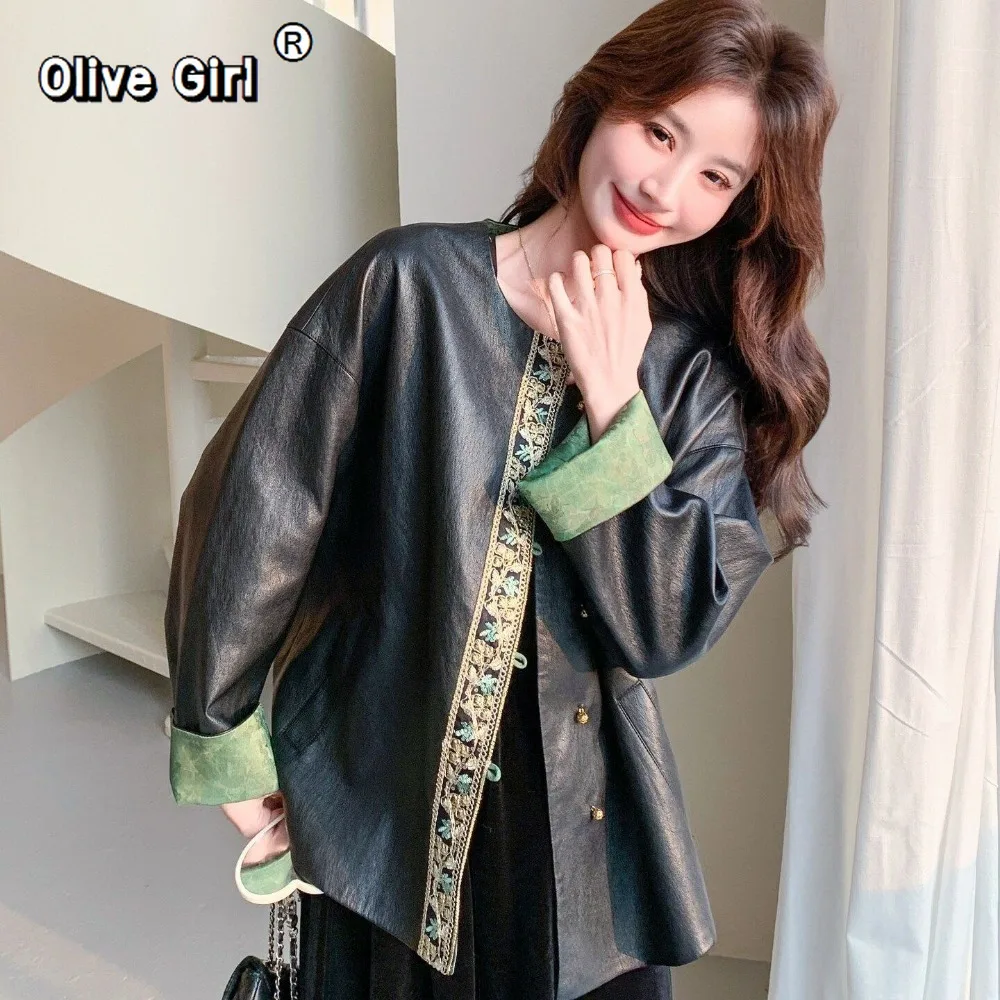 Olivegirl Chinese Style Women's Coat Two Sides outwear Pu Leather Jacket Green Black Spring and Autumn Outfit 2026 Versatile Top
