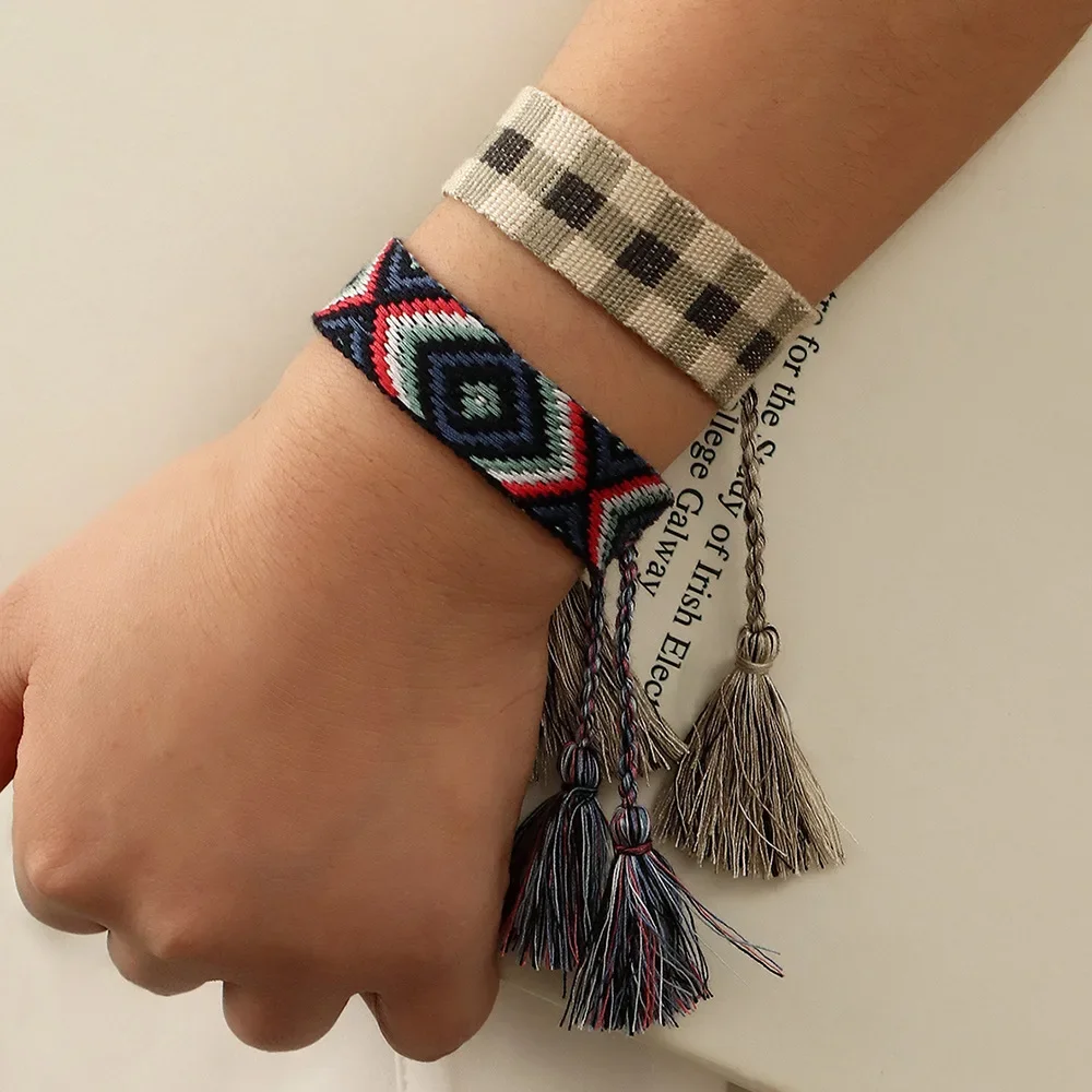 Bohemia Embroidery Pattern Woven Tassel Bracelet For Women Handmade Adjustable Rope Braided Bracelet Retro Fashion Jewelry Gift